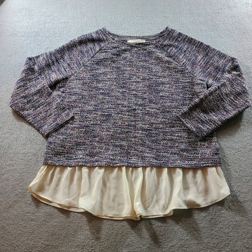 Loft Womens Mixed Media‎ Tweed Ruffle Hem Top Blue Multi Medium NWT